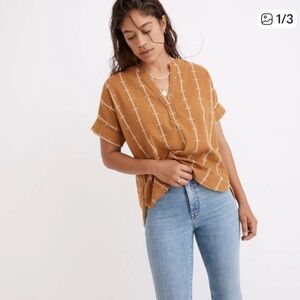 NWT Madewell Women's $89 Lakeline Popover Shirt antique gold linear cross XS